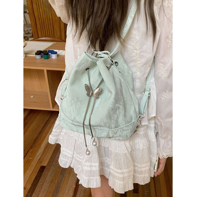 Bucket Bag Suede - Women Mint Green Butterfly Drawstring Backpack