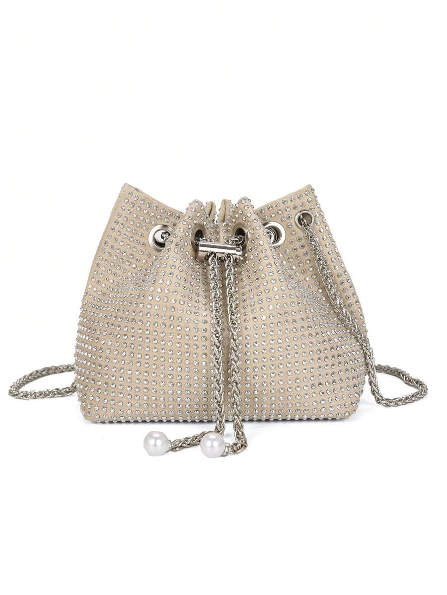 Bucket Bag Suede - Rhinestone Embellished Bucket Bag With Chain